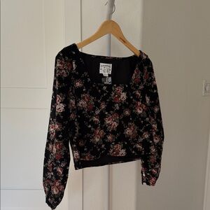Meadows Velvet Black Rose-Print Square Neck Blouse
